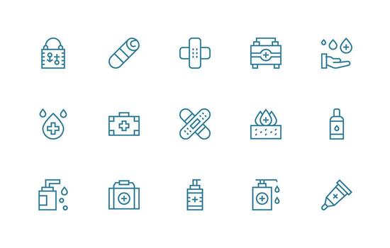 antiséptico visual paquete conteniendo 15 regular línea íconos icono conjunto para web vector