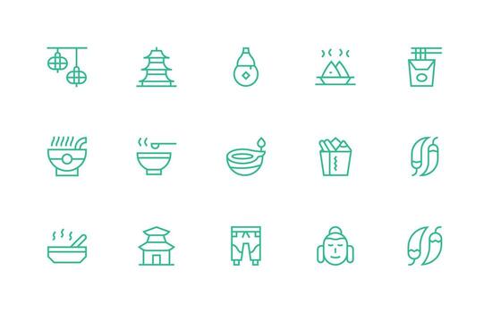 Asian Set with 15 Regular Line Icons Fully Editable Icon Set for Web vector