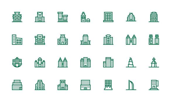 rascacielos presentando 28 íconos en negrita línea diseño icono conjunto para web vector