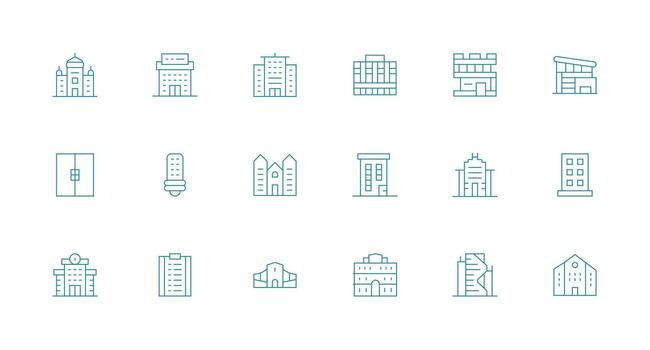 Departamento edificio conjunto con 18 mínimo línea íconos completar icono conjunto para móvil aplicaciones vector