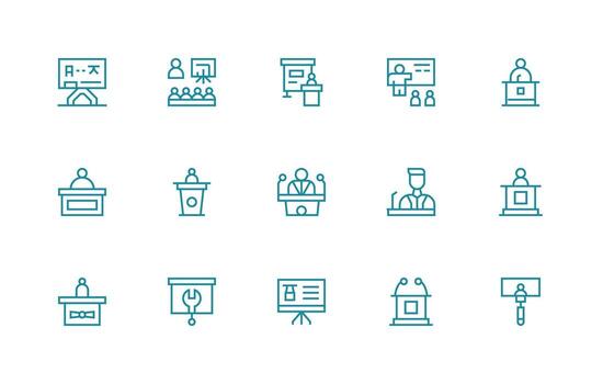 15 conferencia íconos en regular línea estético escalable icono paquete vector