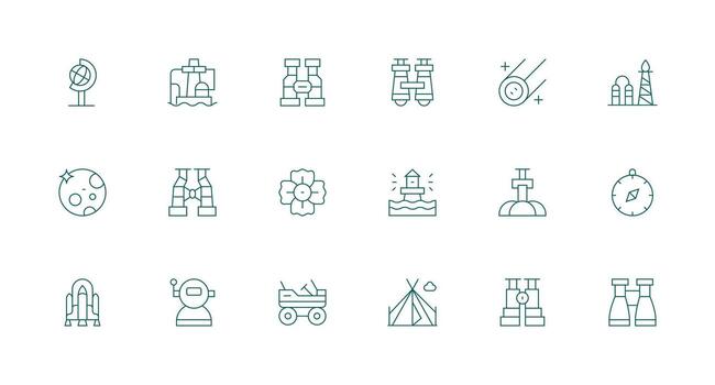 Exploration Icon Set with 18 Minimal Line Graphics Scalable Icons for Cross-Platform Interfaces vector