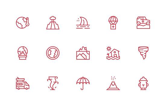 Disaster Icon Set with 15 Regular Line Graphics Display Icon Pack vector