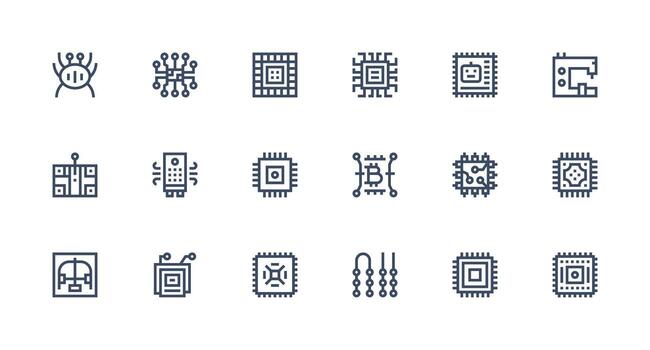 18 fuerte carrera línea íconos para integrado circuito gráficos mínimo icono conjunto para interfaz proyectos vector