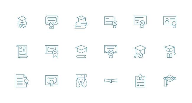 Diploma Icon Set with 18 Minimal Line Graphics Icon Pack for Various Themes vector