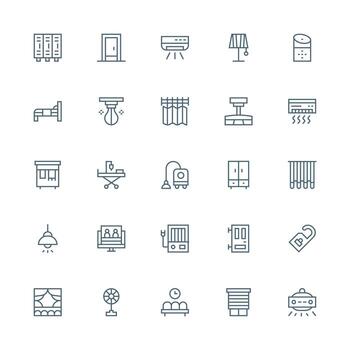 habitación diseño íconos presentando 25 en medio carrera contorno estilo ui y ux enfocado icono colección vector