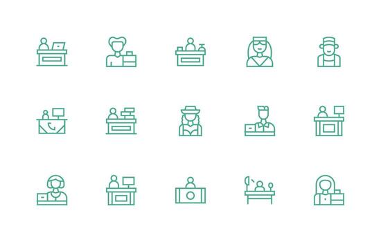 recepcionista diseño íconos presentando 15 en regular línea estilo optimizado icono paquete para digital productos vector