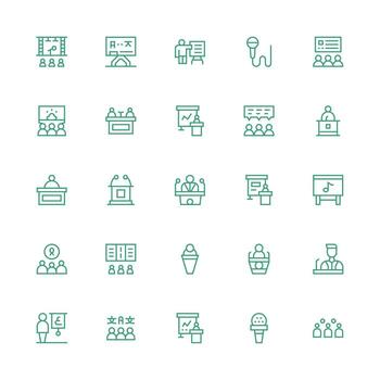 conferencia icono colección con 25 medio carrera contorno diseños estilo icono conjunto vector