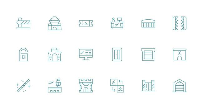 portón icono conjunto con 18 mínimo línea gráficos ligero icono serie vector