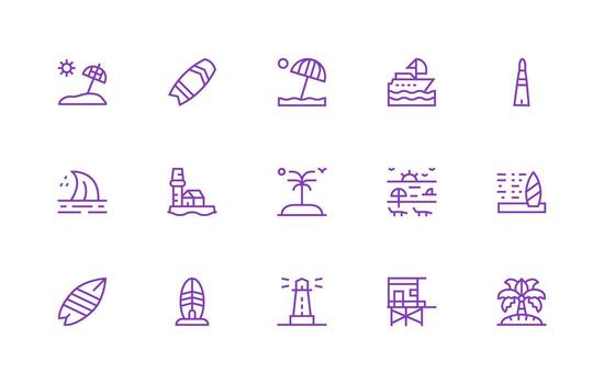 Coastal Icon Set with 15 Regular Line Graphics Line Icon Collection vector