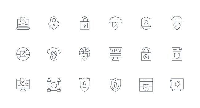 digital seguridad presentando 18 íconos en mínimo línea diseño todas dispositivo compatible icono conjunto vector