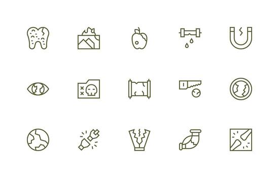 15 íconos para dañado en regular línea formato limpiar icono colección para web utilizar vector