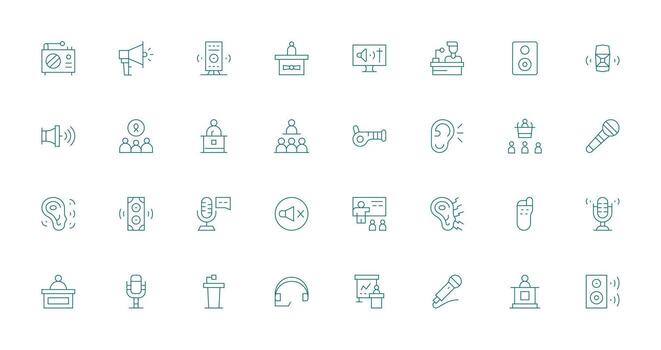 32 Delgado línea íconos para altavoz gráficos icono paquete para ui vector