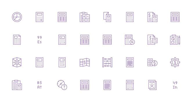 Calculation Visual Pack containing 32 Thin Line Icons Responsive Icon Set for Flexible Layouts vector