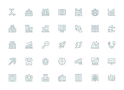 desarrollo presentando 35 íconos en ligero línea diseño ui y ux enfocado icono colección vector