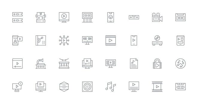 32 íconos para reproducción en Delgado línea formato versátil icono colección para diseñadores vector