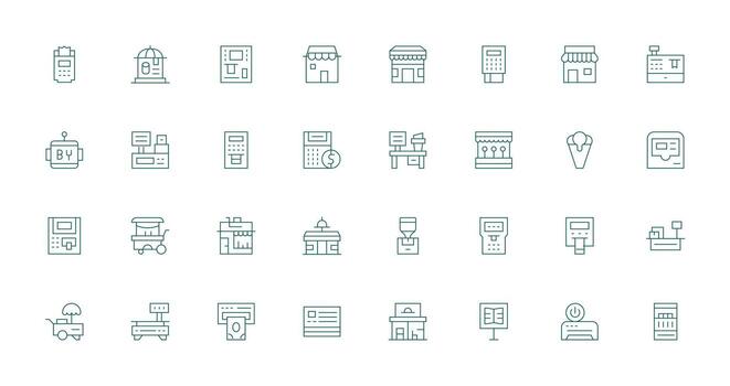 Kiosk including 32 Thin Line Illustrations Simple Icons for Interface and Wireframes vector