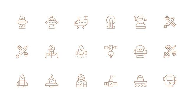 18 Spacecraft Icons in Minimal Line Aesthetic Scalable Icons for Cross-Platform Interfaces vector