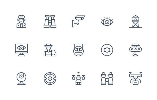Surveillance featuring 15 Icons in Regular Line Design Core Icon Collection for Daily Tasks vector