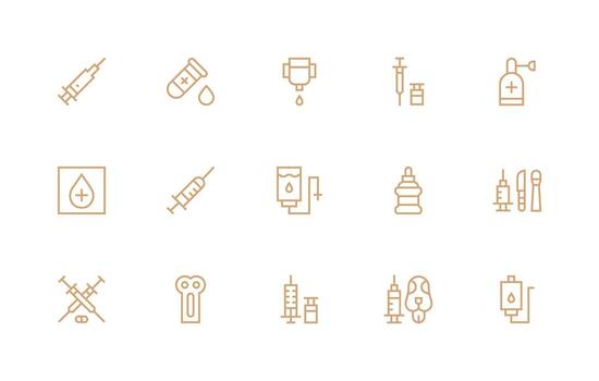 Injection Design Icons featuring 15 in Regular Line Style Clean Icon Collection for Web Use vector