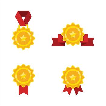 Four golden stars with red ribbons, each in a different size and position, creating a varied and decorative arrangement. vector