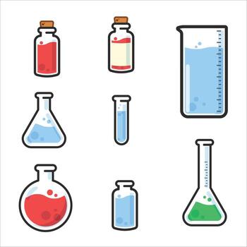 A set of scientific glassware, including beakers, flasks, and test tubes. The glassware is arranged in a row, with some of the items being taller than others. Scene is one of scientific precision vector