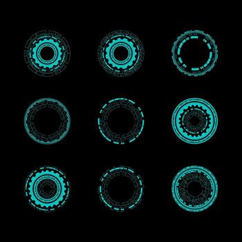 un conjunto de azul círculos con un negro antecedentes. el círculos son todas diferente tamaños y formas ellos Aparecer a ser resumen y futurista en diseño vector