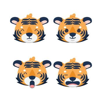A set of four cartoon tiger faces, each with a different expression. The first one is smiling, the second one is frowning, the third one is yawning, and the fourth one is crying vector