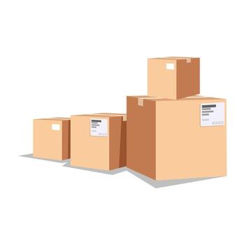 Six cardboard boxes in various positions, with one upside down and another suspended in the air, each differing in size and shape. vector