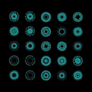A set of blue circles with a metallic look. The circles are arranged in a grid pattern. The circles are all different sizes and are spaced evenly apart. Scene is futuristic and modern. vector