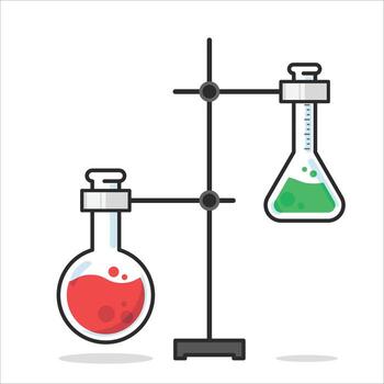 A lab experiment with two beakers, one of which is green. The other is red. The beakers are on a stand, and the stand is on a white background vector
