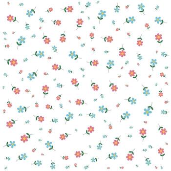 A flowery pattern with pink, blue, and yellow flowers. The flowers are scattered throughout the pattern, with some larger and some smaller. Scene is cheerful and bright vector