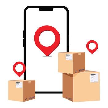 el imagen es de un apilar de cajas, y el teléfono es mostrando el ubicación de el cajas en el mapa vector
