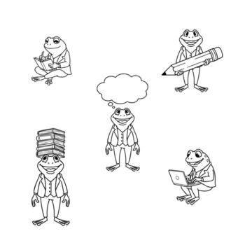 A character sheet of a dapper frog in various poses. The cartoon mascot is shown as a writer, student, and office worker. A collection for design. vector