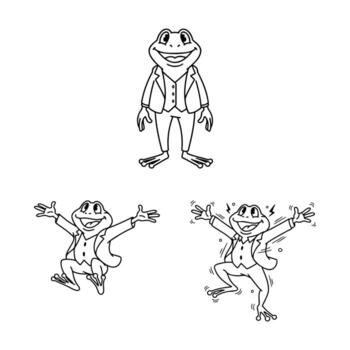 A character pose set of a cartoon frog in a suit, showing a range of emotions from calm to jumping with joy. A perfect illustration for a storybook or animation. vector