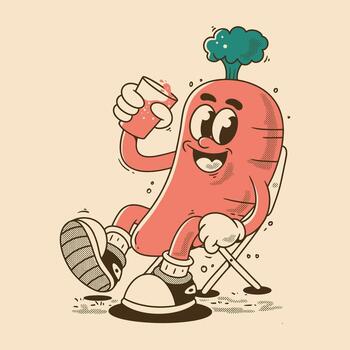 Retro Carrot Character Relaxing with Fresh Juice vector