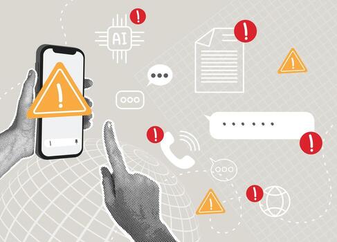 Fashion collage in halftone. AI and mobile security alert with virtual threat warning signs. Concept of data leakage, hacking attempt, malware risk, online security. illustration vector