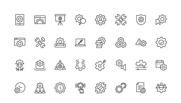 Settings and Gear thin line icon set. options, configuration, preferences, adjustments, operation, gear, control panel, equalizer, management, optimization and productivity minimal icon collection. vector