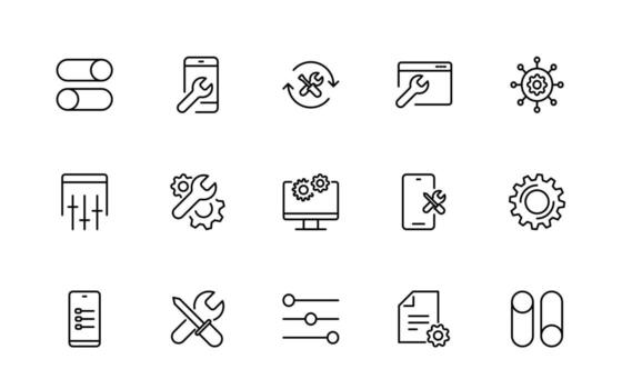 Settings, Gear icon Collection. Containing options, configuration, preferences, adjustments, operation, gear, control panel, equalizer, management, optimization and productivity icons. vector