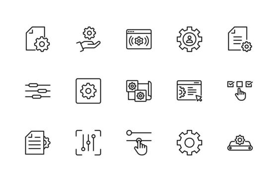 Settings and gear icon set. Containing options, configuration, preferences, adjustments, operation, control panel, optimization and productivity. vector