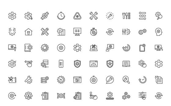 Settings and gear icon set. Containing options, configuration, preferences, operation, control, management, optimization and productivity line icon. vector