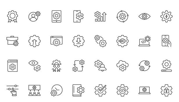 Settings and Gear thin line icon set. options, configuration, preferences, adjustments, operation, gear, control panel, equalizer, management, and productivity minimal line icon collection. vector