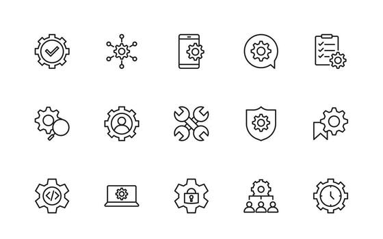 Settings, icon set. options, configuration, preferences, adjustments, operation, gear, control panel, equalizer, management, optimization and productivity icons. vector