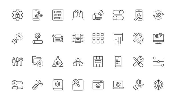 Settings and Gear thin line icon set. options, configuration, preferences, adjustments, operation, gear, control panel, equalizer, management, optimization and productivity minimal icon set. vector