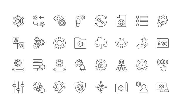Settings and gear icon set. options, configuration, preferences, operation, control, management, optimization icon Pack. vector