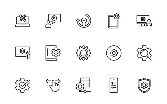Settings and gear icon set. Containing options, configuration, preferences, operation, control, management, optimization and productivity. vector