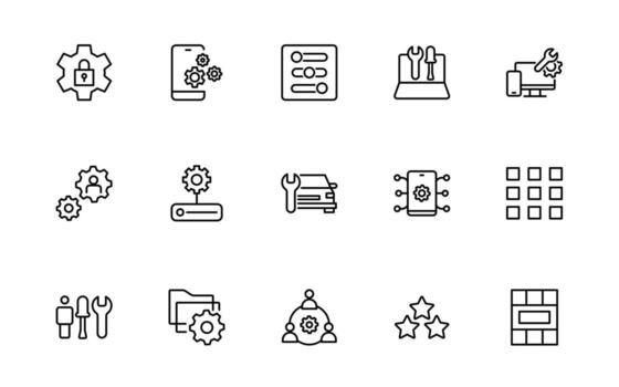Settings and gear icon set. Containing options, configuration, preferences, operation, control, management, optimization and more. vector
