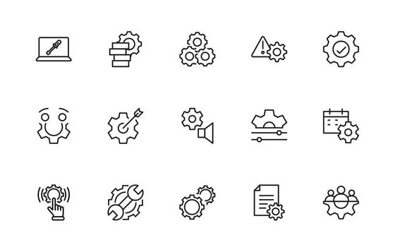 Settings, Gear icon set. Containing options, configuration, preferences, adjustments, operation, gear, control panel, equalizer, management, optimization and productivity icons. vector