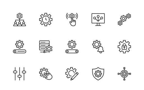 Settings and gear icon set. Containing options, configuration, preferences, adjustments, operation, control panel, management, optimization and productivity icons. vector