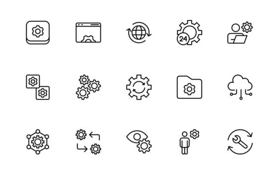 Settings and gear icon set. Containing options, configuration, preferences, adjustments, operation, control, management, optimization and productivity. vector